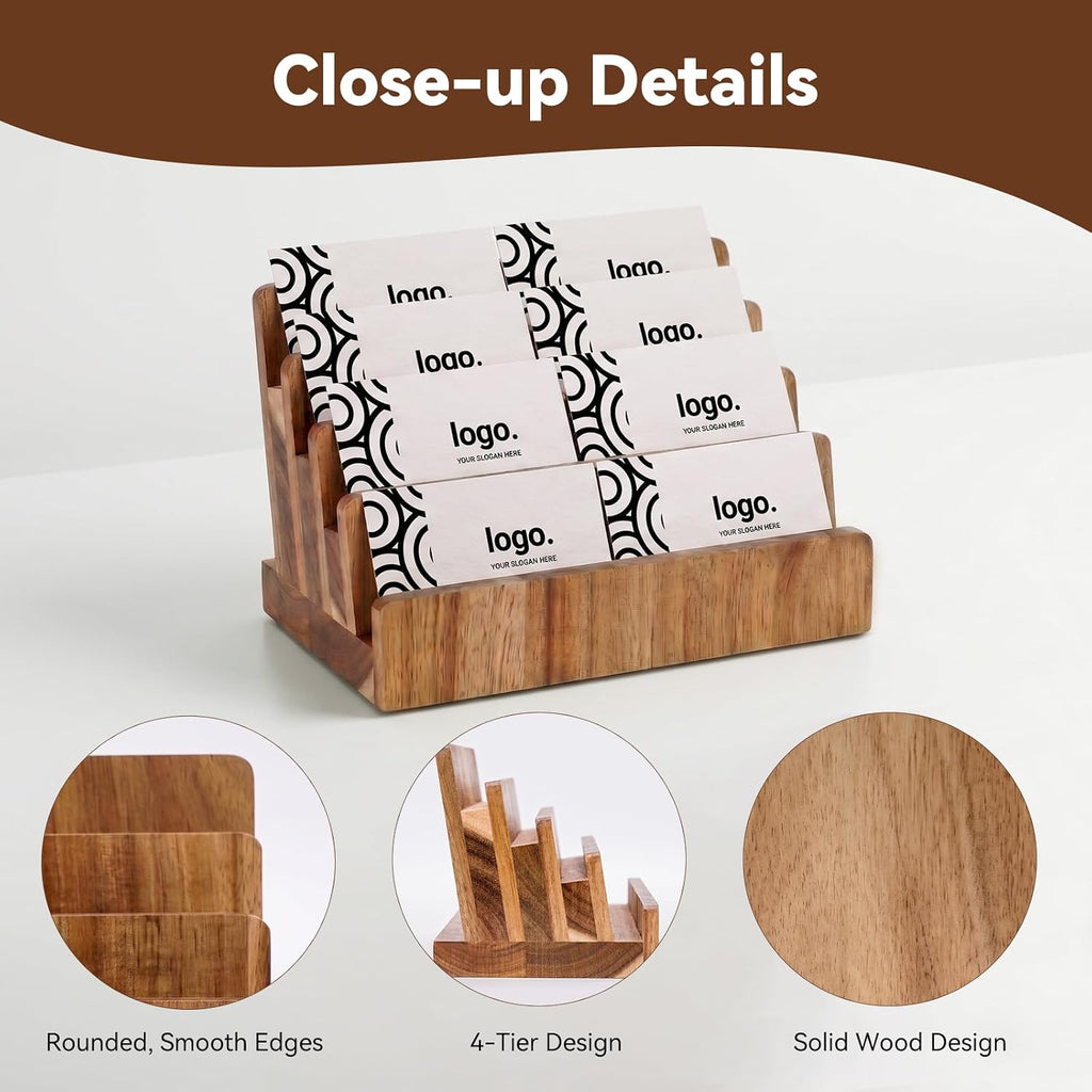 4 Tier Acacia Wood Business Card Holder,Desktop Business Card Display Stand