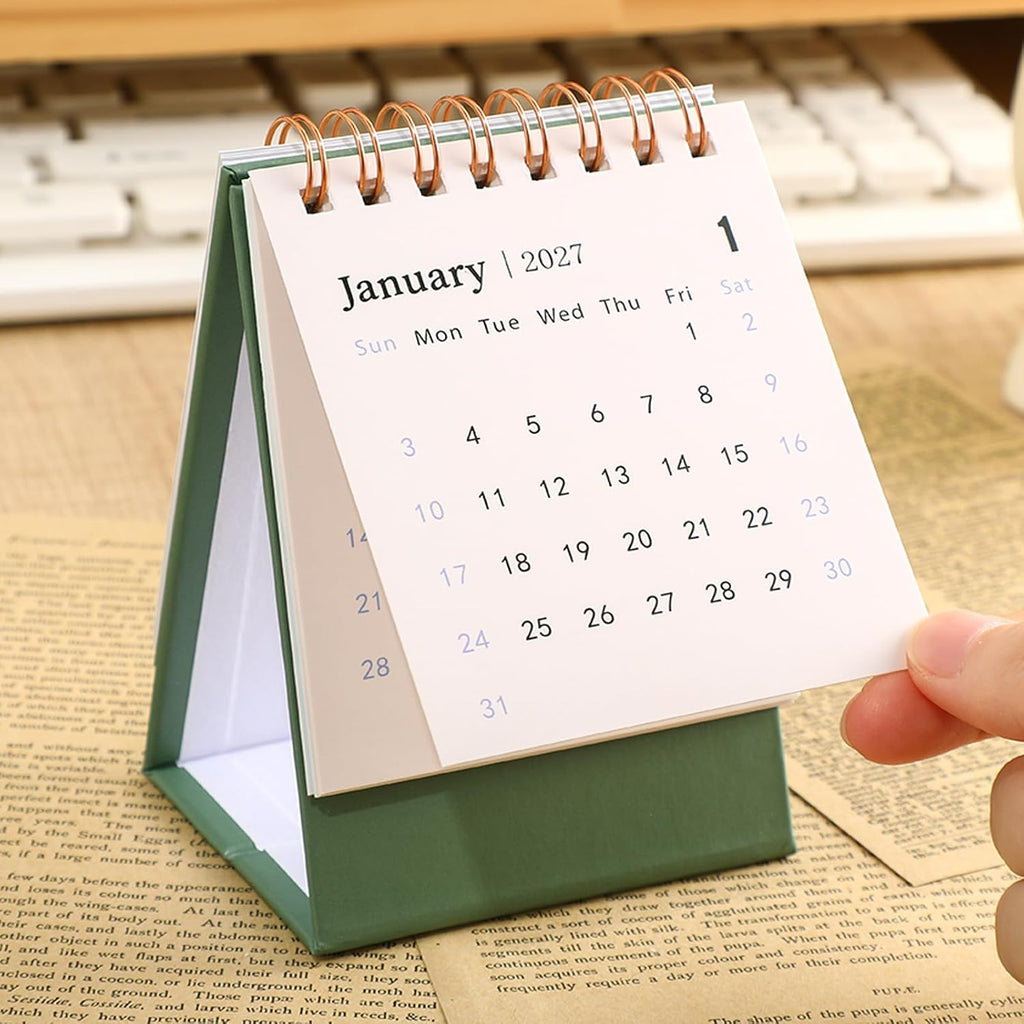 Mini Desk Calendar 2026-2027 - Runs From July 2026 until Dec 2027 Monthy Small Desktop Calendar 250 GSM Thick Paper Twin-Wire Binding for Home or Office (Green)