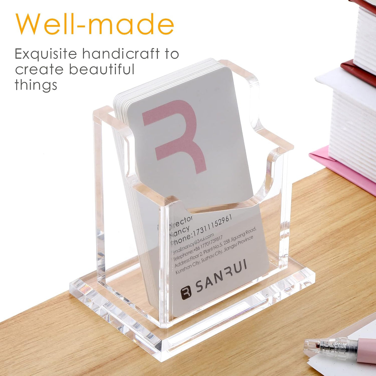 SANRUI Vertical Business Card Holder for Desk，Clear Acrylic Business Card Display Stand，1 Slots ，Holds 50-60 Cards