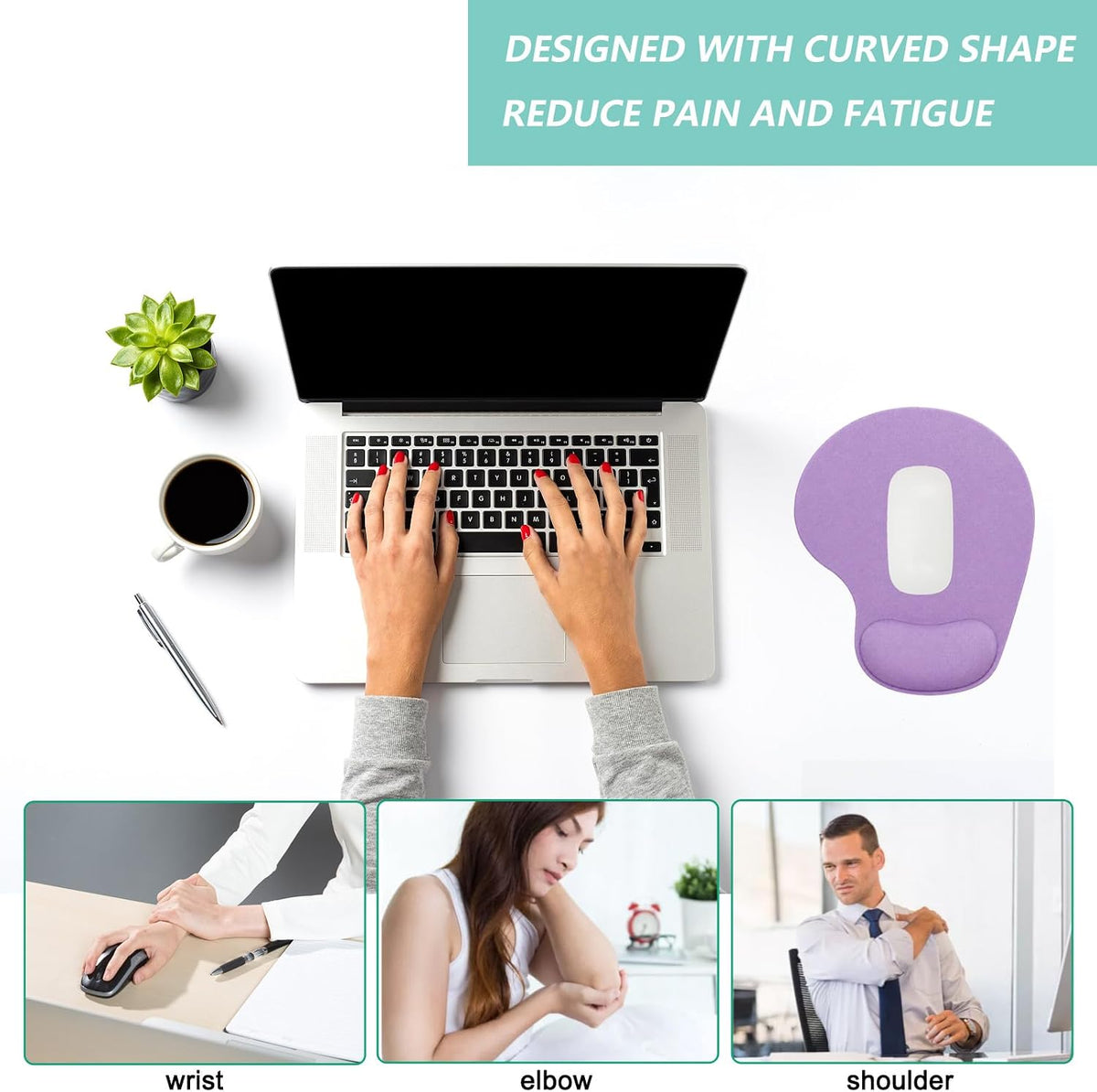 Mouse Pad with Wrist Support, Ergonomic Mouse Pads with Memory Foam Wrist Rest, Easy Typing Pain Relief, Comfortable Home Office Computer Wrist Support Pads for Working Studying Gaming, Purple
