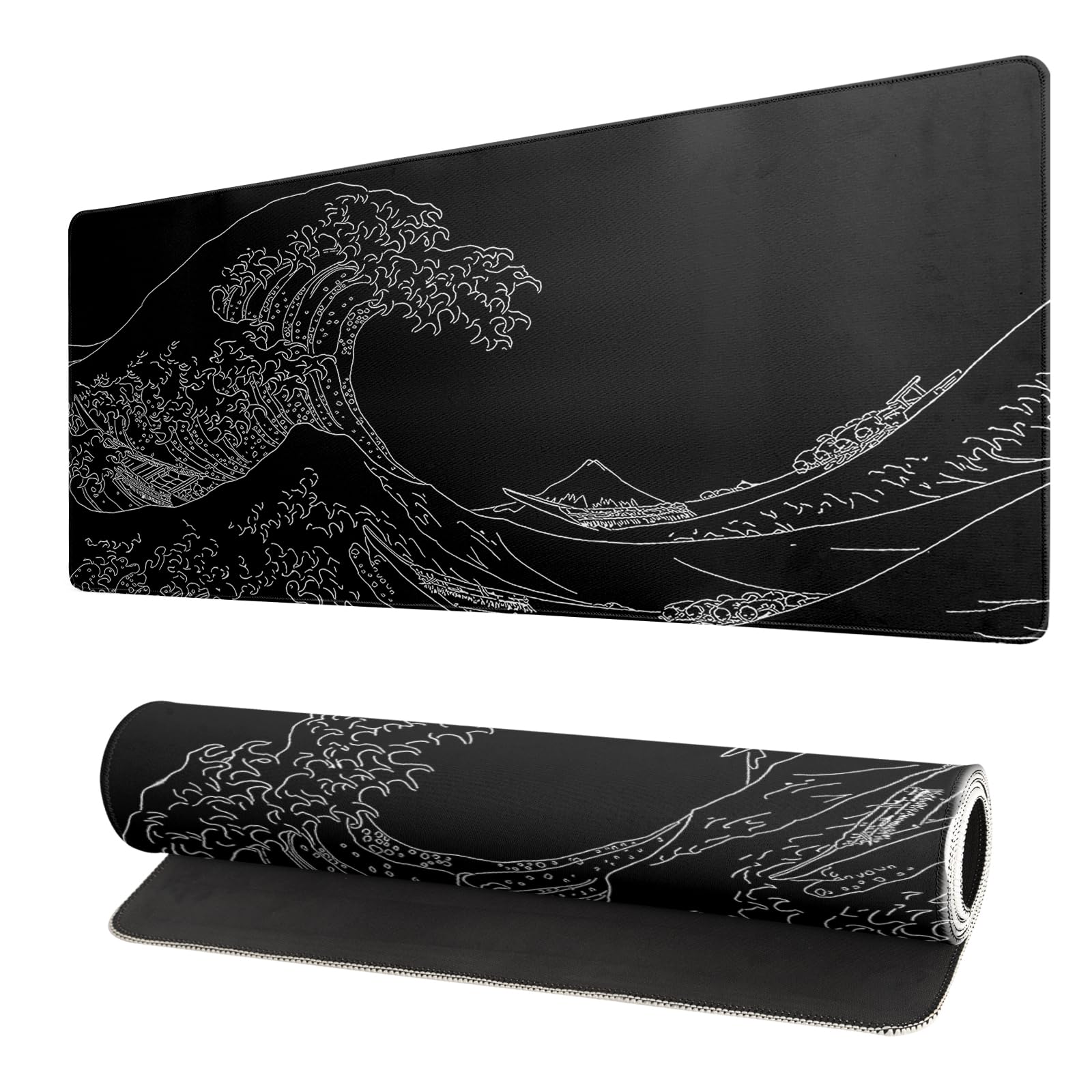 Black and White Japanese Wave Dragon Gaming Mouse Pad - Abstract Mat with Non-Slip Rubber Base, 31.5x11.8 Inch, Stitched Edges - Desk Pad for Office and Home