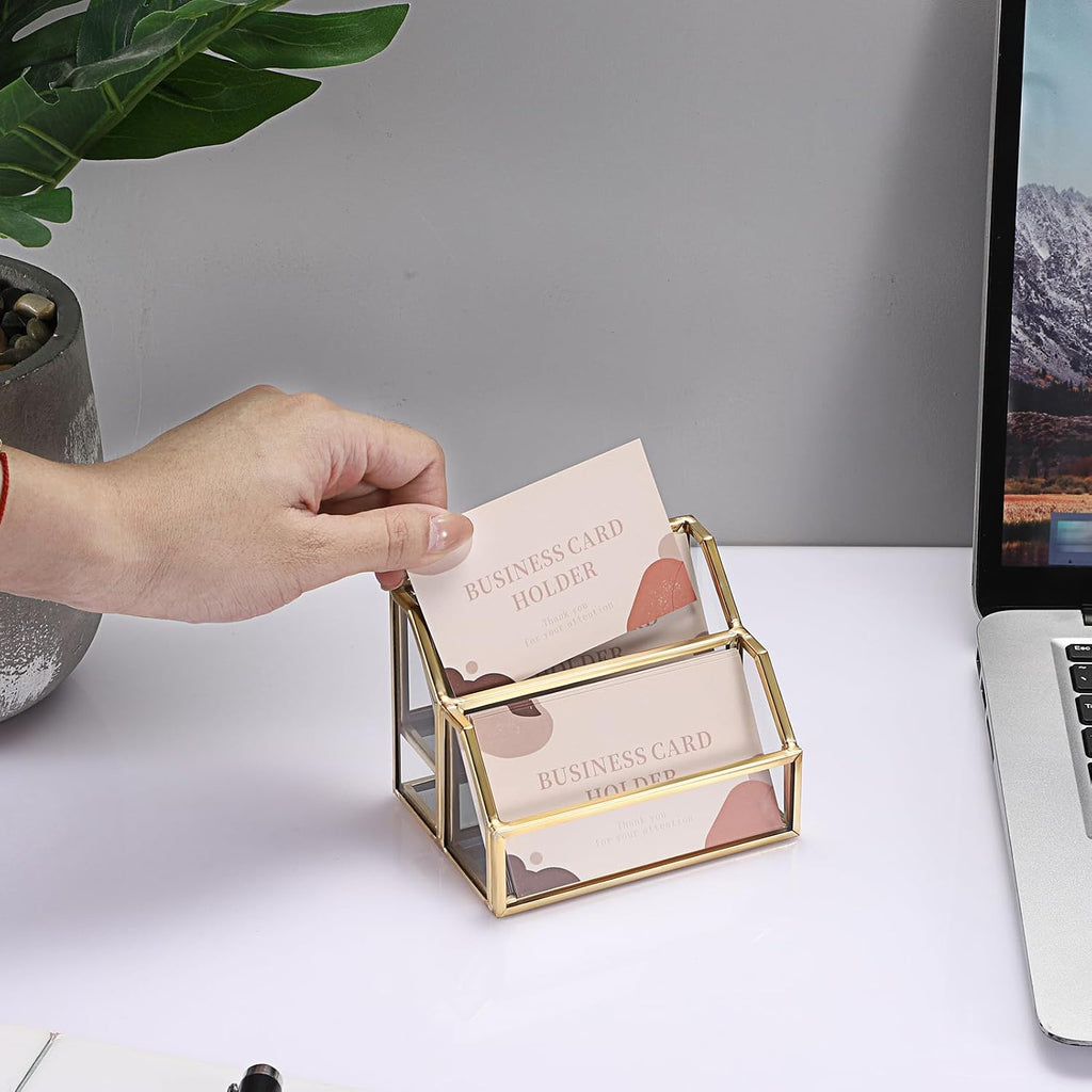 Hipiwe Glass Business Card Holder for Desk 2 Slots Gold Name Card Stand