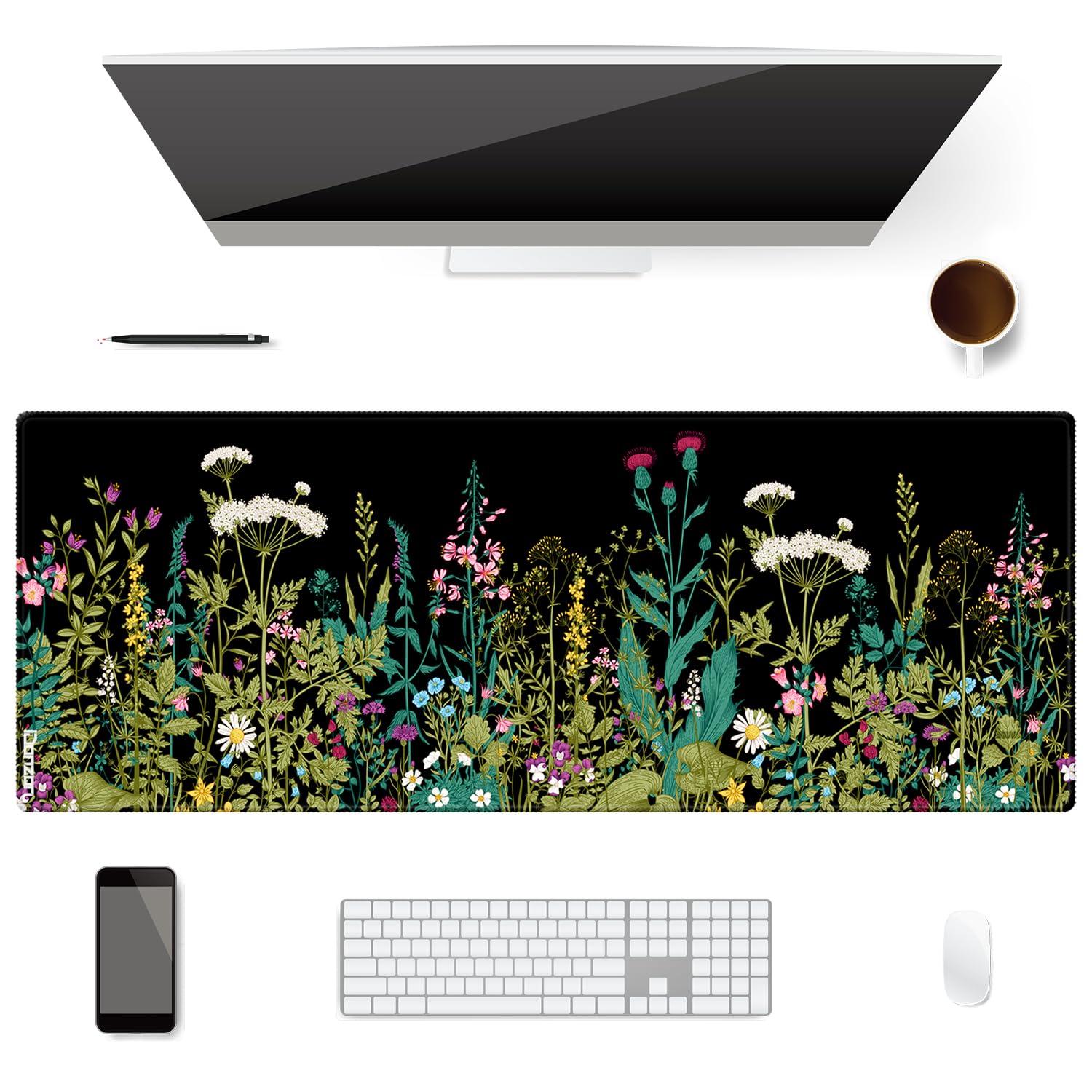 Extended Desk Mat (31.5x11.8 inch 3mm Thick), iDonzon Soft Cute Extra Large XXL Waterproof Gaming Mouse Pad with Non-Slip Rubber Base & Stitched Edges, for Working/Game, Garden Flowers