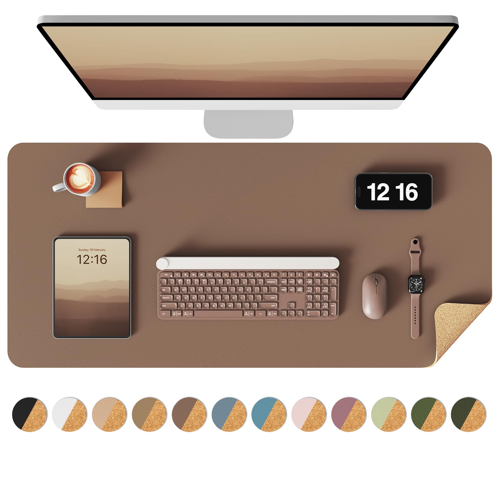 YSAGi Double-Sided Desk Pad, 31.5"x15.7"Leather Desk Mat, Eco Cork Desk Pad Protector,Large Mouse Pad,Waterproof Desk Blotter for Office/Home(Coffee)