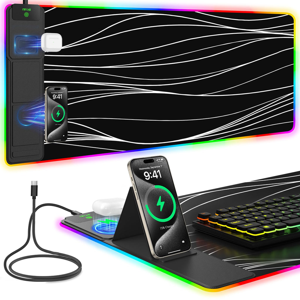Wireless Charging RGB Mouse Pad with Phone Stand, Large Gaming Desk Mat