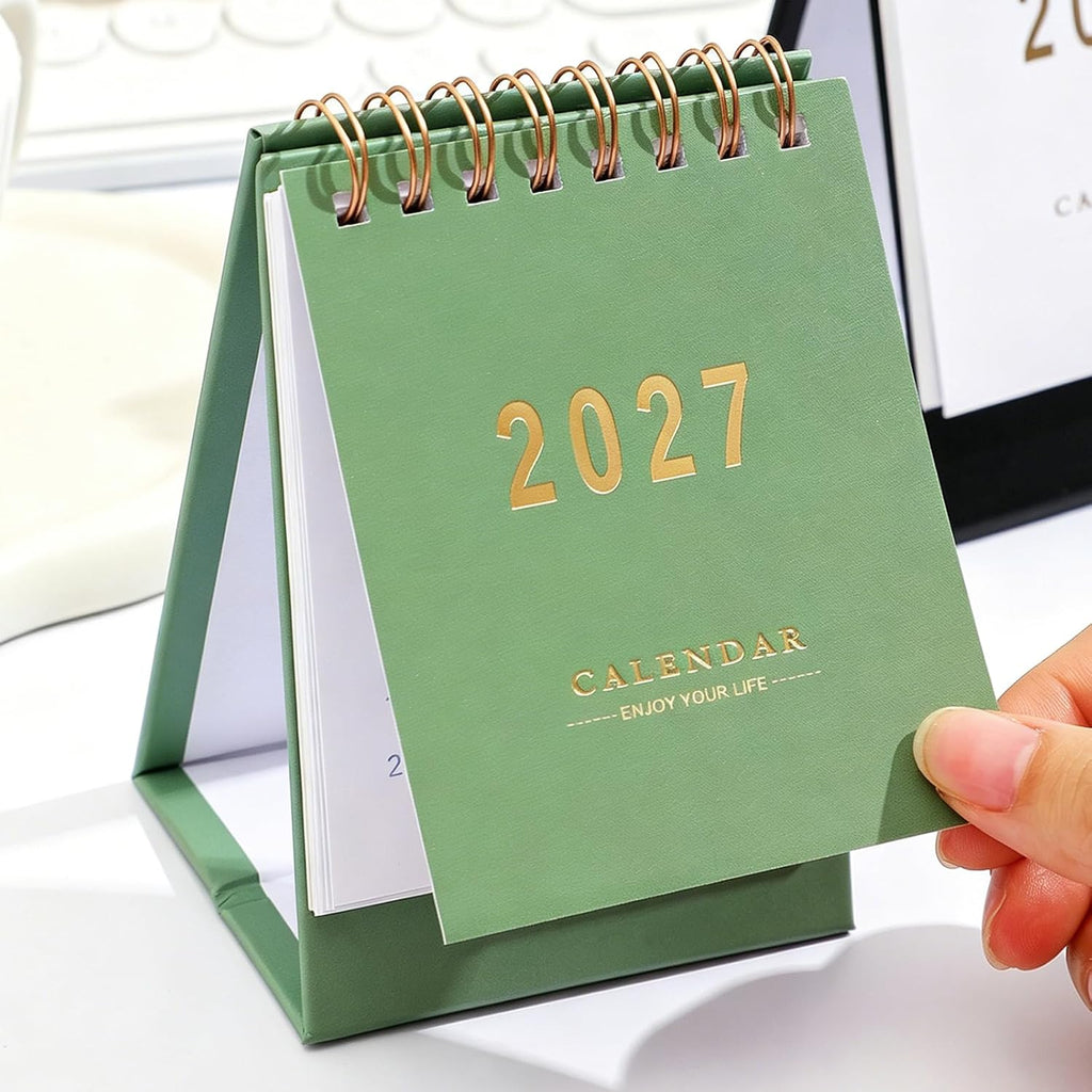 Mini Desk Calendar 2026-2027 - Runs From July 2026 until Dec 2027 Monthy Small Desktop Calendar 250 GSM Thick Paper Twin-Wire Binding for Home or Office (Green)
