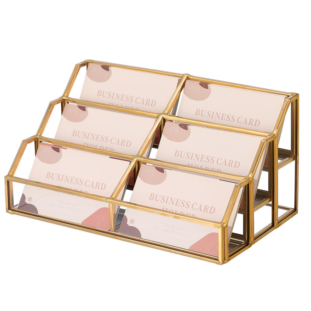 Hipiwe Glass Business Card Holder for Desk 2 Slots Gold Name Card Stand