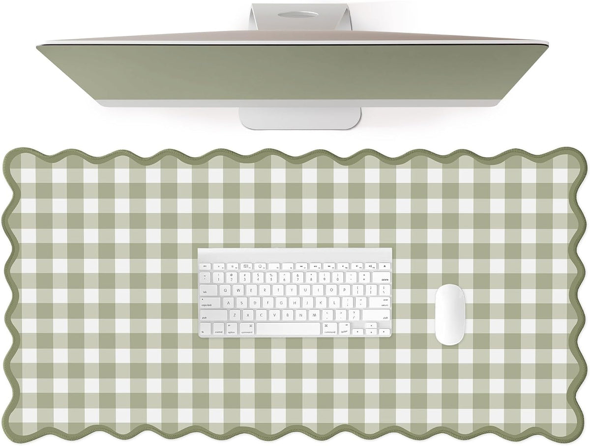 Scalloped‌ Green Checkered Desk Mat Cute Pastel Large Gaming Mouse Pad Gingham Kawaii Cottagecore ‌Vintage‌ Girly Keyboard Computer Mat Aesthetic Desk Pad Accessories Office Decor for Women