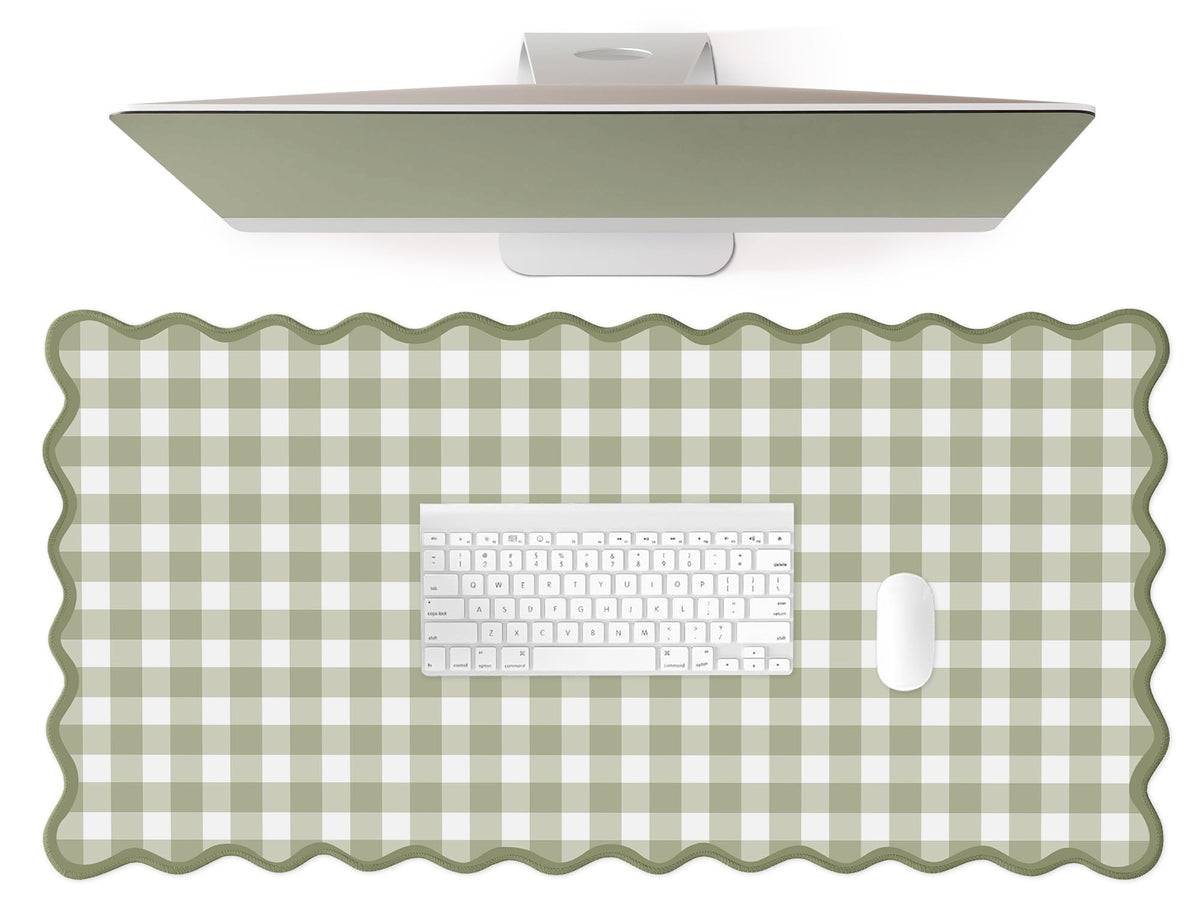 Scalloped‌ Green Checkered Desk Mat Cute Pastel Large Gaming Mouse Pad Gingham Kawaii Cottagecore ‌Vintage‌ Girly Keyboard Computer Mat Aesthetic Desk Pad Accessories Office Decor for Women