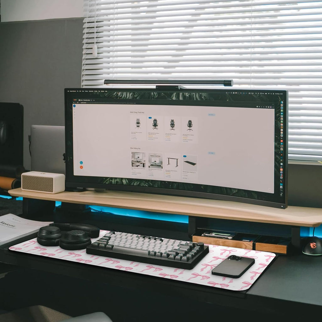 Large Computer Mouse Pad with Non-Slip Base for Desktop, Cute Gaming Mouse Mat with Stitched Edges, Long Extended Anime Mousepad for Laptop, 31.5 x 11.8 inches (Cute Ribbon Bow)