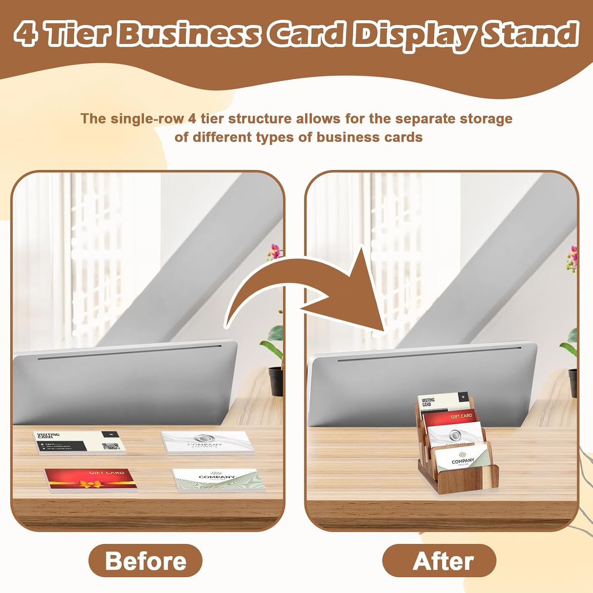Acacia Wood Business Card Holder 4 Tier Multiple Business Card Display Stands Desktop Business Card Organizer 4 Slots Gift Card Rack Index Card Storage for Office Exhibition Meeting Home Men Women