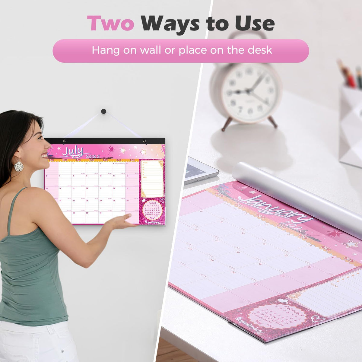Desk Calendar 2026 with Clear Waterproof Cover 17 x 12 inch 18 Months Wall Calendar Runs from Jul. 2025 to Dec. 2026 School Year Calendar for Schedule Organization Monthly Planner, Pink