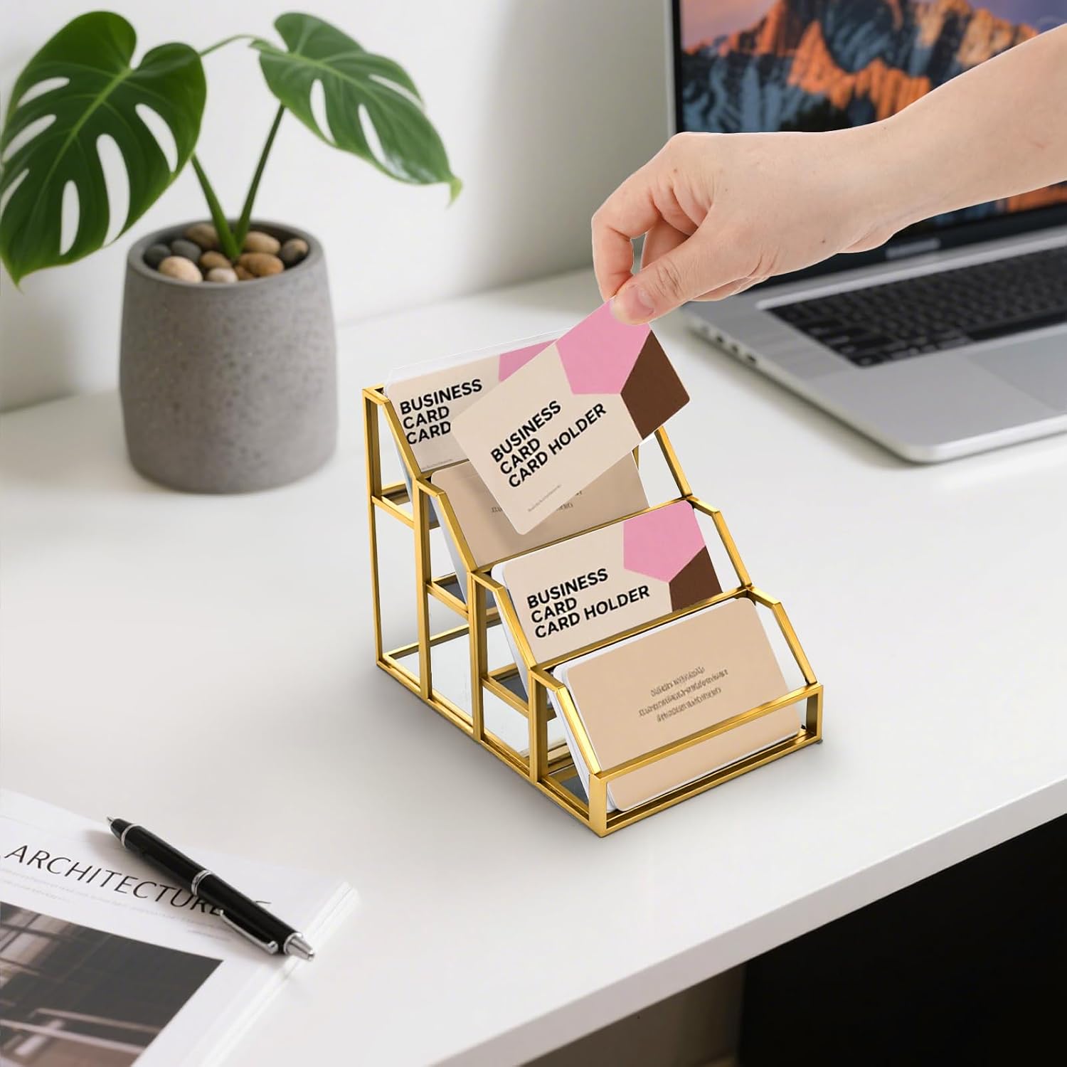 Frcctre 4 Slots Glass Business Card Holder for Desk, 4 Tiers Desktop Clear Business Card Display Holder Stand Office Countertop Name Cards Organizer