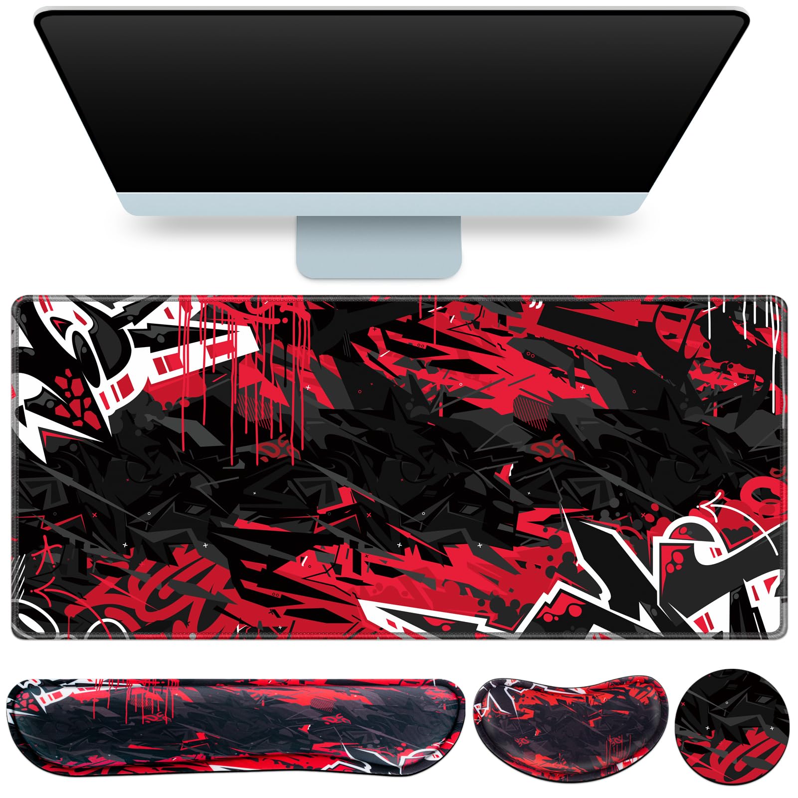 Desk Mat, Large Gaming Mouse Pad with Wrist Rest, 4in1 XXL Mousepad Floral