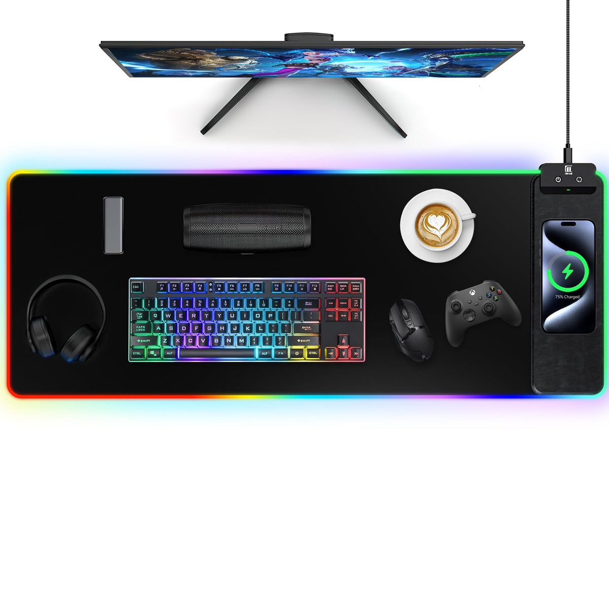 Wireless Charging RGB Mouse Pad with Phone Stand, Large Gaming Desk Mat