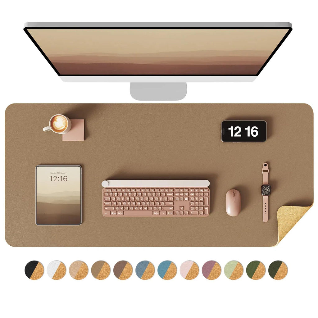 YSAGi Double-Sided Desk Pad, 31.5"x15.7"Leather Desk Mat, Eco Cork Desk Pad Protector,Large Mouse Pad,Waterproof Desk Blotter for Office/Home(Coffee)