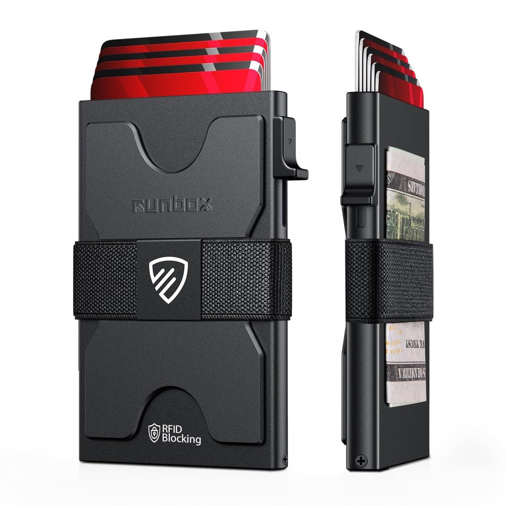 RUNBOX Slim Wallet for Men, RFID Aluminum Pop-Up Card Holder for 12 Cards