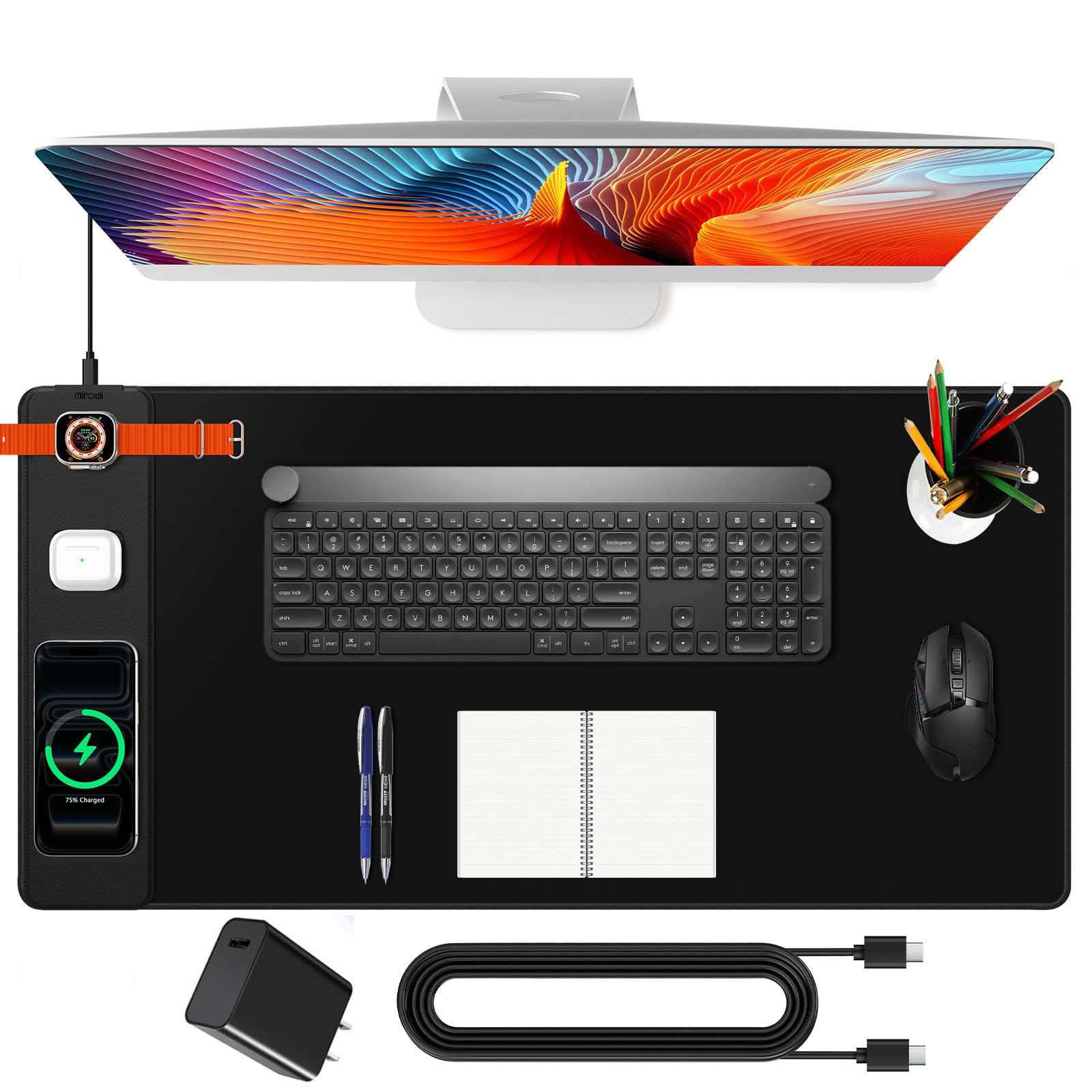 XXL Mouse Pad with Phone Holder - Black, RGB Desk Mat with 15W Fast Charging, LED Gaming Mousepad with 11 Light Colors, Waterproof Non-Slip Pad for Office & Home (Black with PD Adapter)