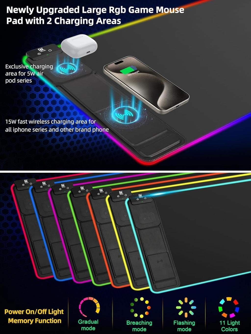 XXL Mouse Pad with Phone Holder - Black, RGB Desk Mat with 15W Fast Charging, LED Gaming Mousepad with 11 Light Colors, Waterproof Non-Slip Pad for Office & Home (Black with PD Adapter)