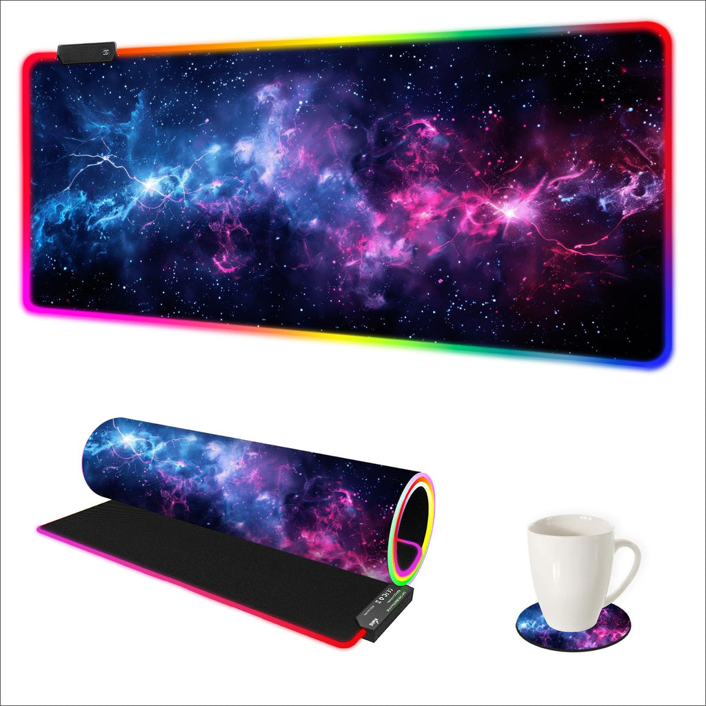 AIMSA RGB Gaming Mouse Pad Extended, Large Led Mousepads Non-Slip Rubber Base with 14 Lighting Modes, Computer Keyboard Mat Soft Desk pad Waterproof 35.4 x 15.8 inches, Galaxy Nebula Universe