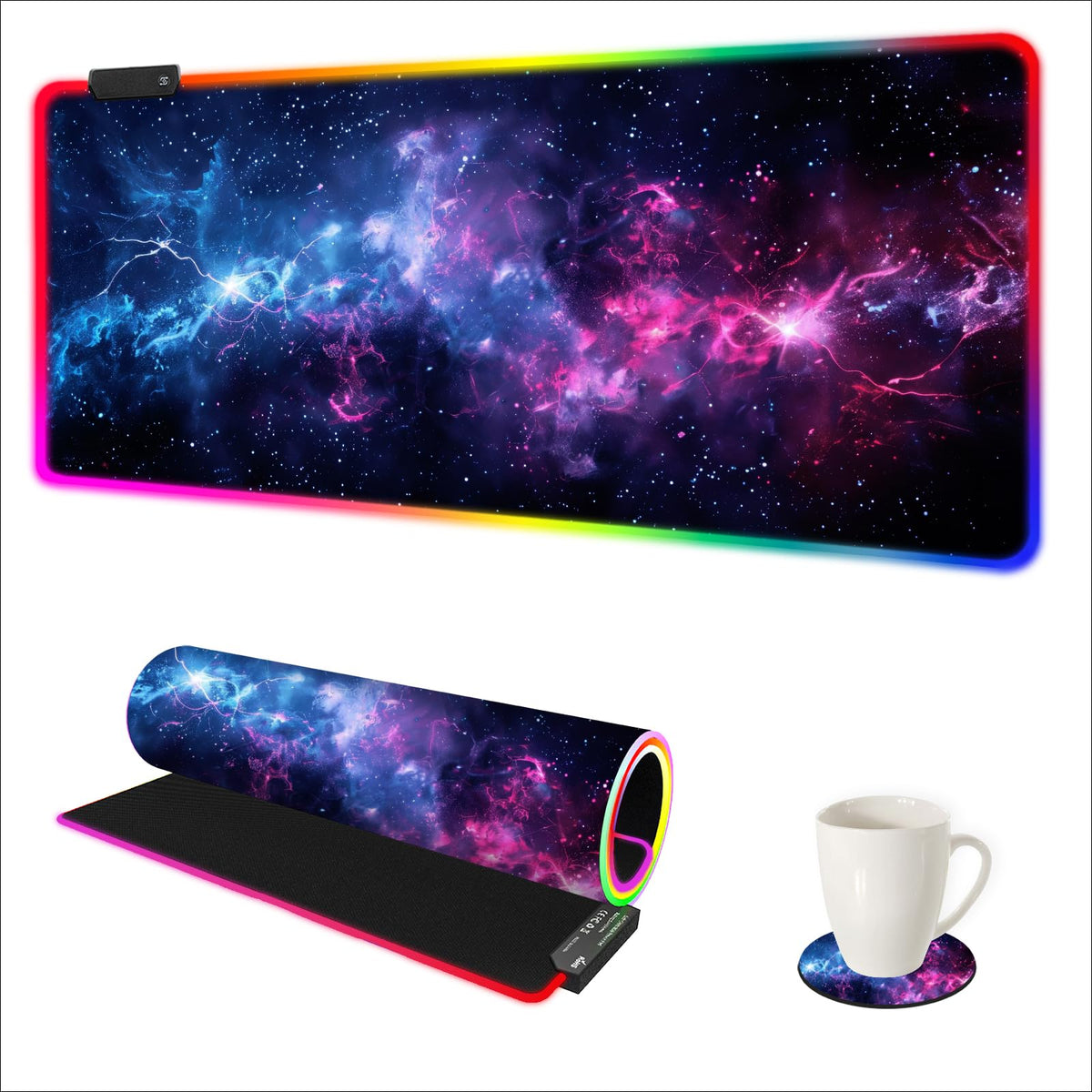 AIMSA RGB Gaming Mouse Pad Extended, Large Led Mousepads Non-Slip Rubber Base with 14 Lighting Modes, Computer Keyboard Mat Soft Desk pad Waterproof 35.4 x 15.8 inches, Galaxy Nebula Universe