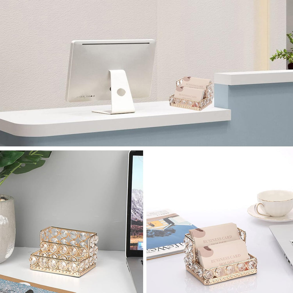 Hipiwe 2 Tiers Crystal Business Card Holder Gold Mirrored Cards Organizer