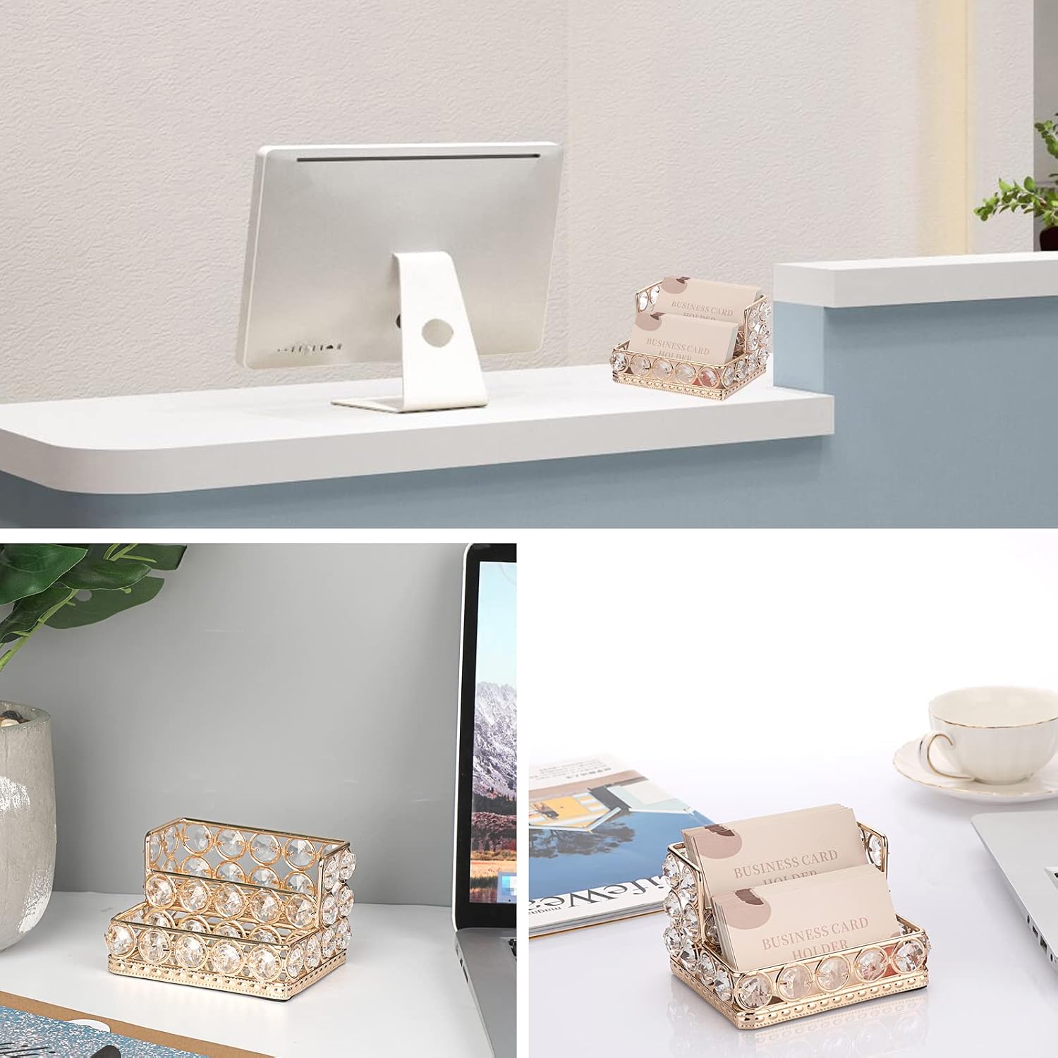 Hipiwe 2 Tiers Crystal Business Card Holder Gold Mirrored Cards Organizer