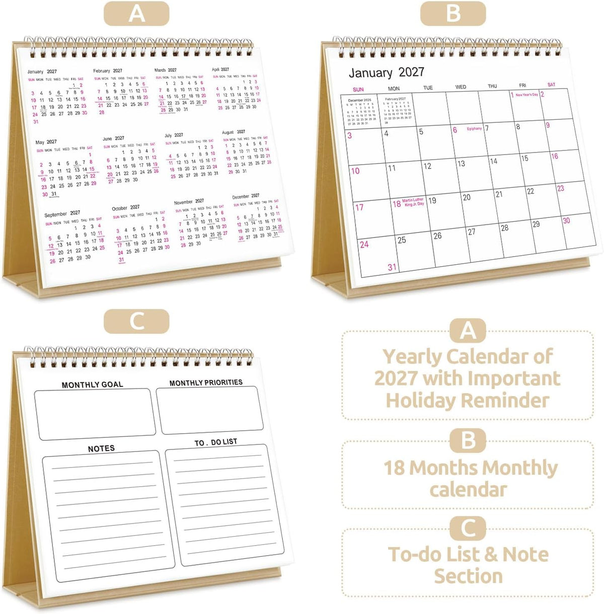 SKYDUE Small Desk Calendar 2026-2027, Jul. 2026 to Dec. 2027, 18 Months Small Desk Calendar with Planner Stickers, 8.5" x 7" Desktop Calendar Planner, Kraft