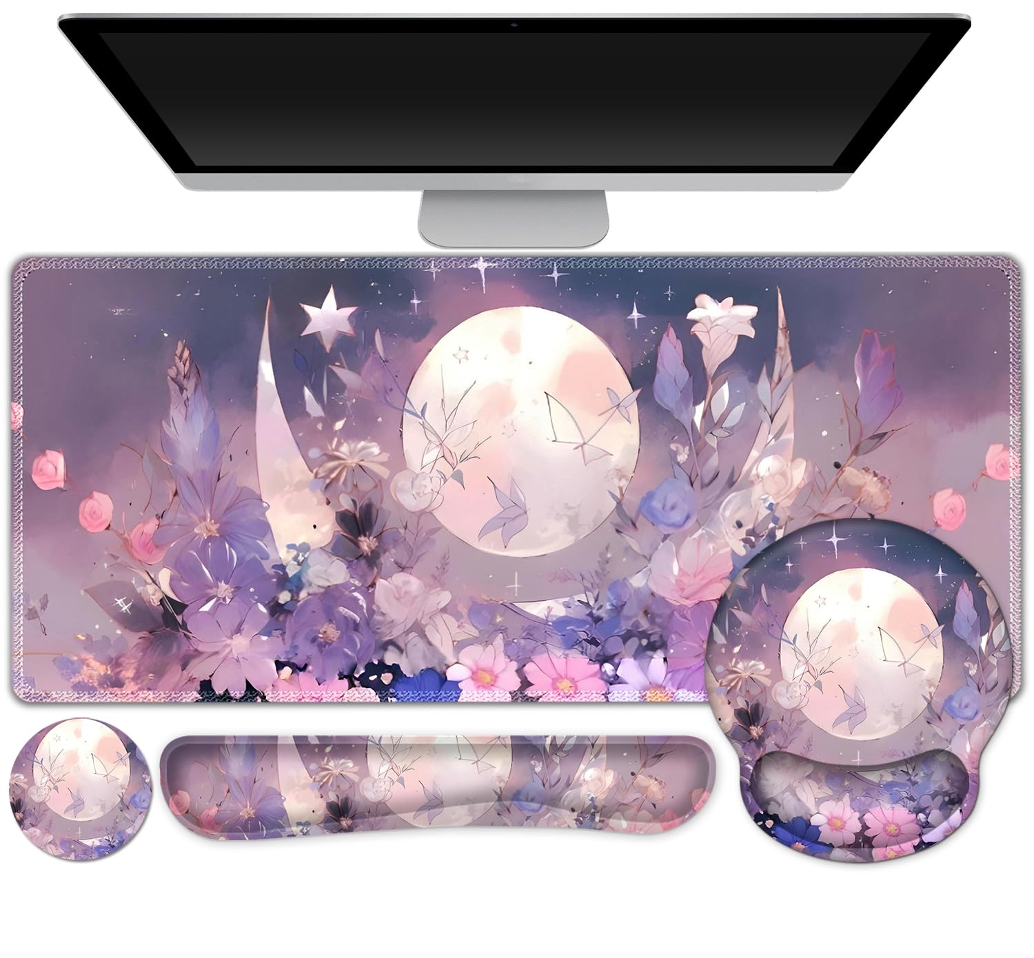 Gaming Mouse Pad Large Desk Mat, Cute Purple Marble Rose Desk Pad Protector