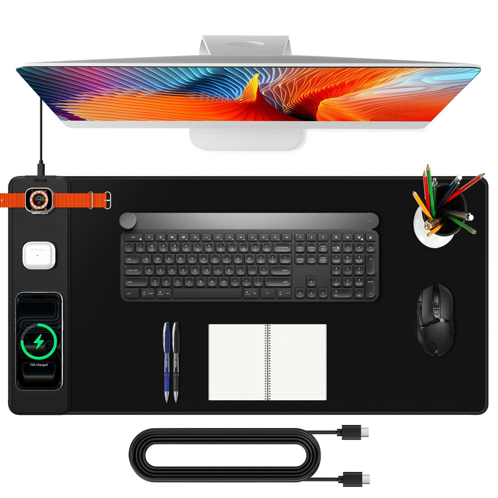 XXL Mouse Pad with Phone Holder - Black, RGB Desk Mat with 15W Fast Charging, LED Gaming Mousepad with 11 Light Colors, Waterproof Non-Slip Pad for Office & Home (Black with PD Adapter)