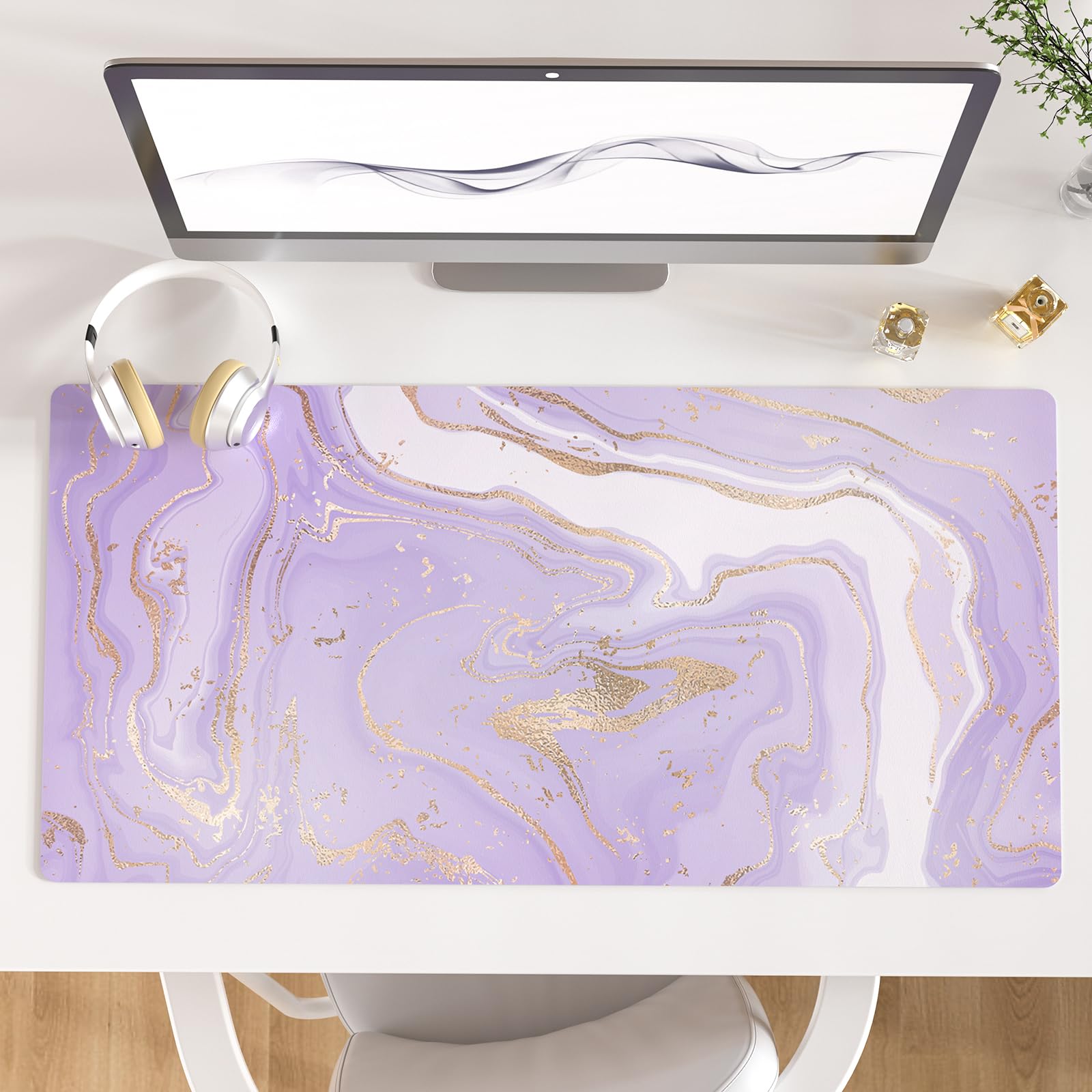Faux Leather Large Mouse Pad, Office Desk Mat, 31.5"x15.7", Pink Floral