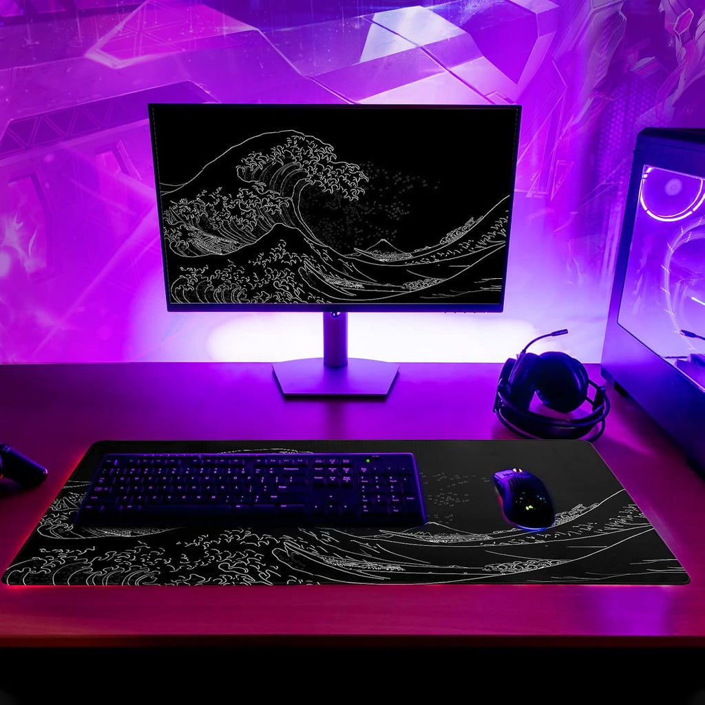 Brecoy Japanese Sea Wave Large Mouse Pad, Anime Black Gaming, Extended Kanagawa Mat Desk Pad, 3mm Thick Long Non-Slip Rubber Base Mice Pad, 31.5 X 11.8 Inch