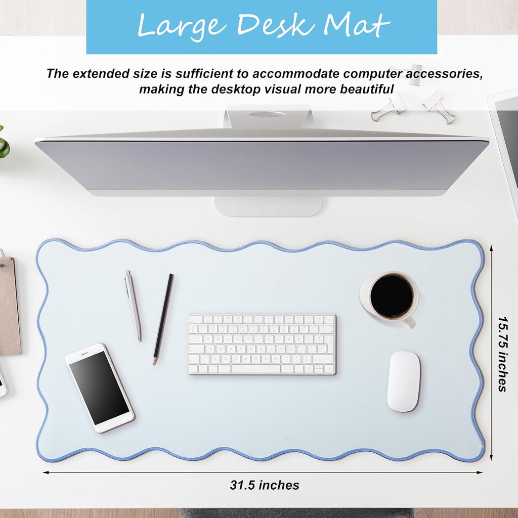 Hahafelt Large Scalloped Desk Mat Pad, Blue, 31.5 x 15.8 Inches