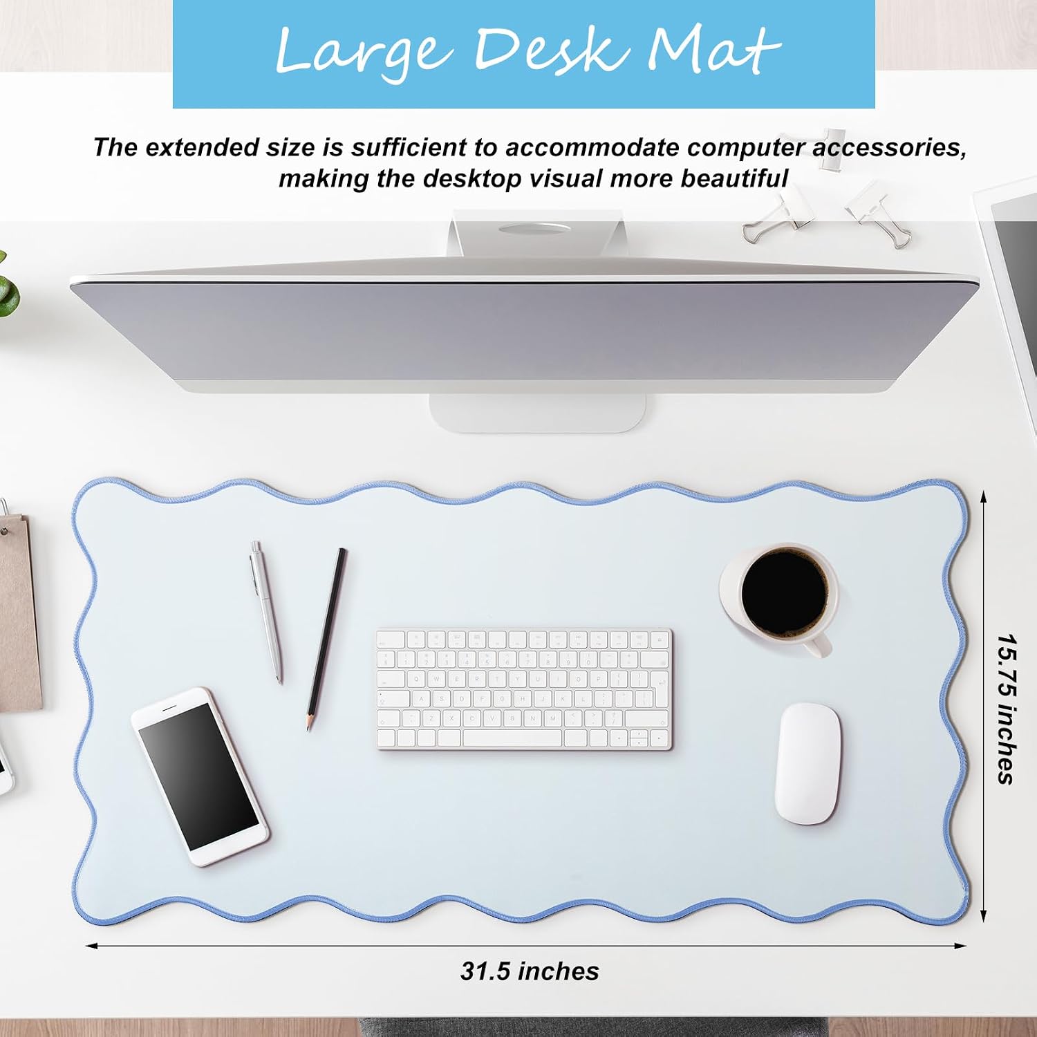 Hahafelt Large Scalloped Desk Mat Pad, Blue, 31.5 x 15.8 Inches