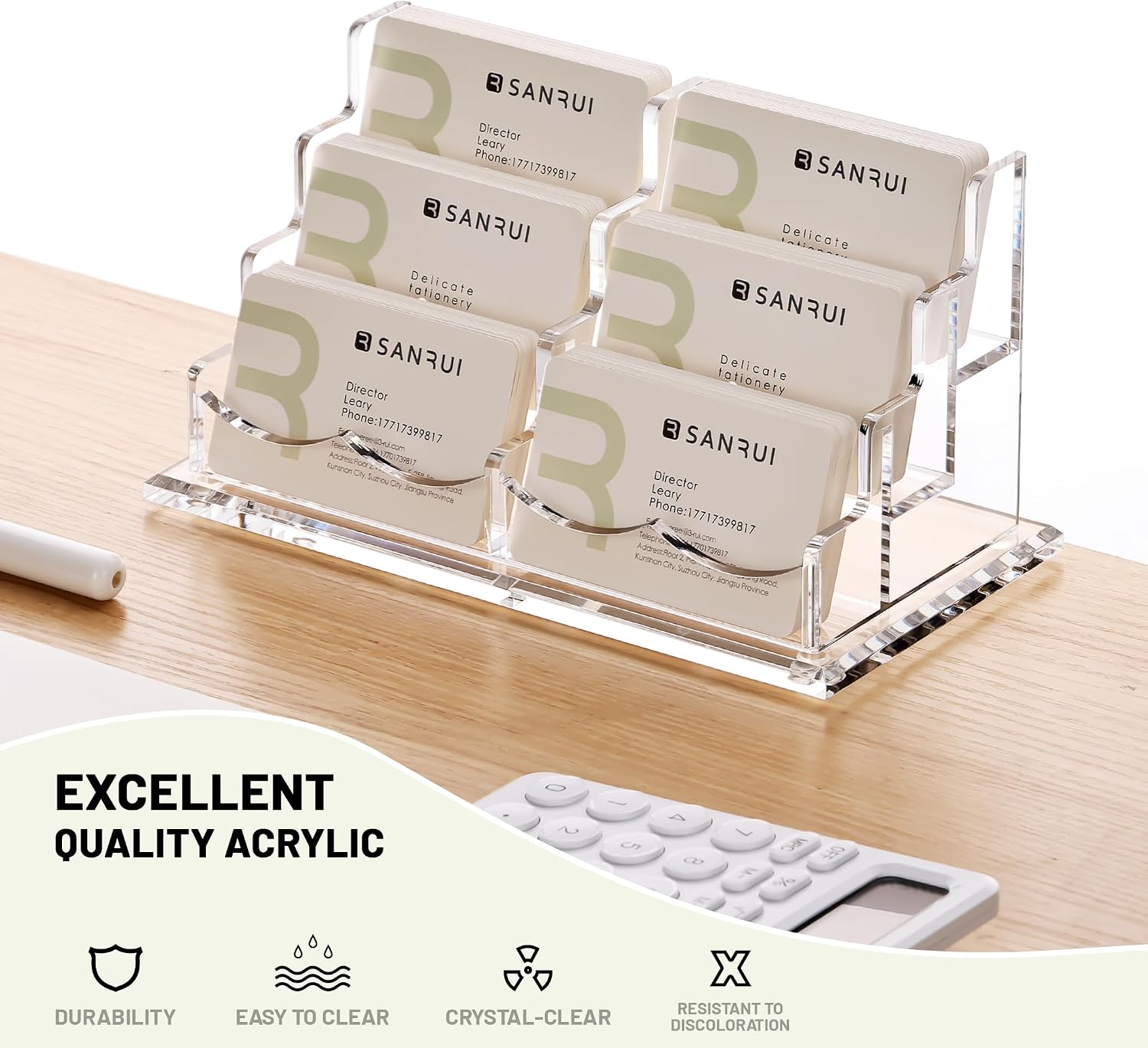 SANRUI Clear Acrylic Desk Business Card Holder, 6 Horizontal Slots