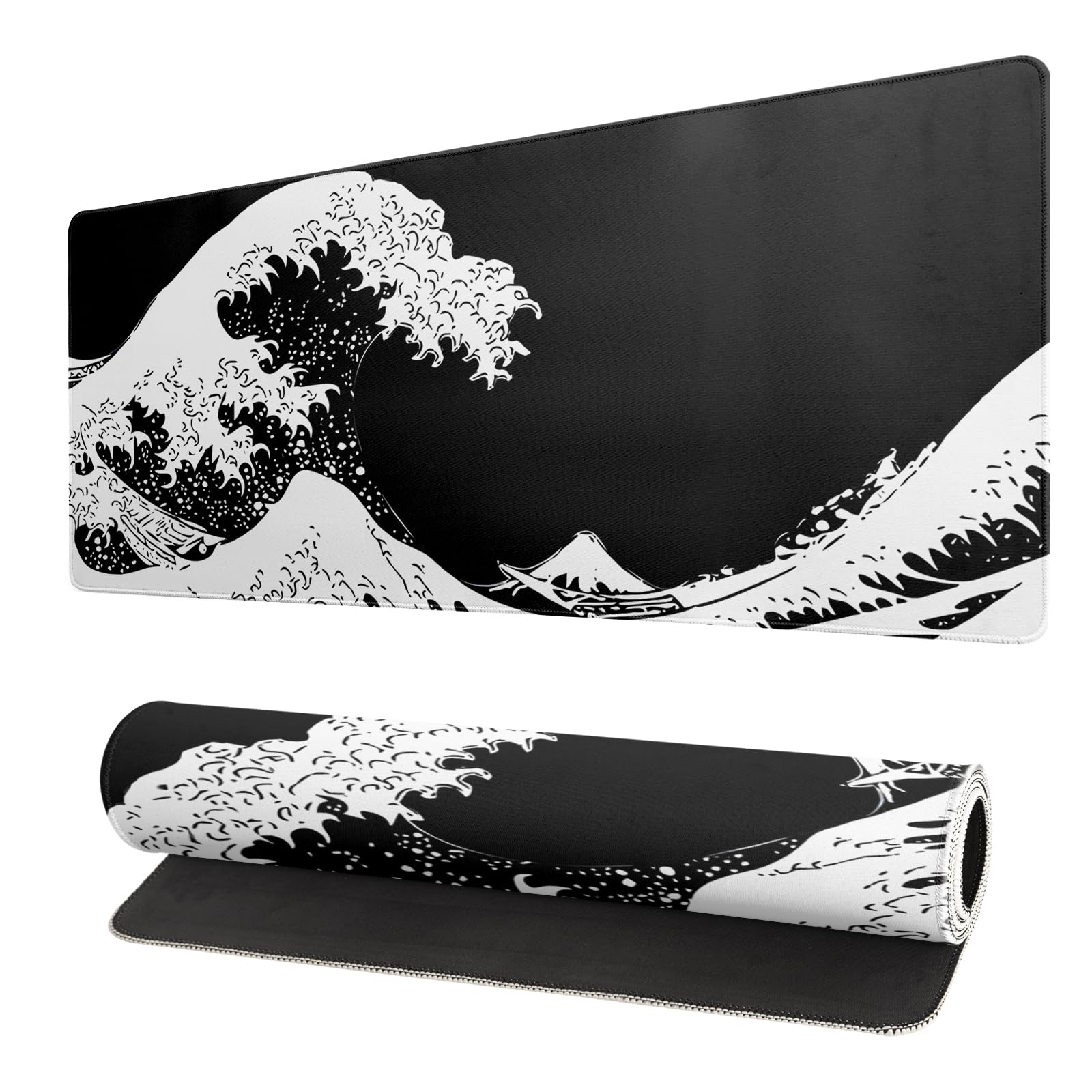 Black and White Japanese Wave Dragon Gaming Mouse Pad - Abstract Mat with Non-Slip Rubber Base, 31.5x11.8 Inch, Stitched Edges - Desk Pad for Office and Home
