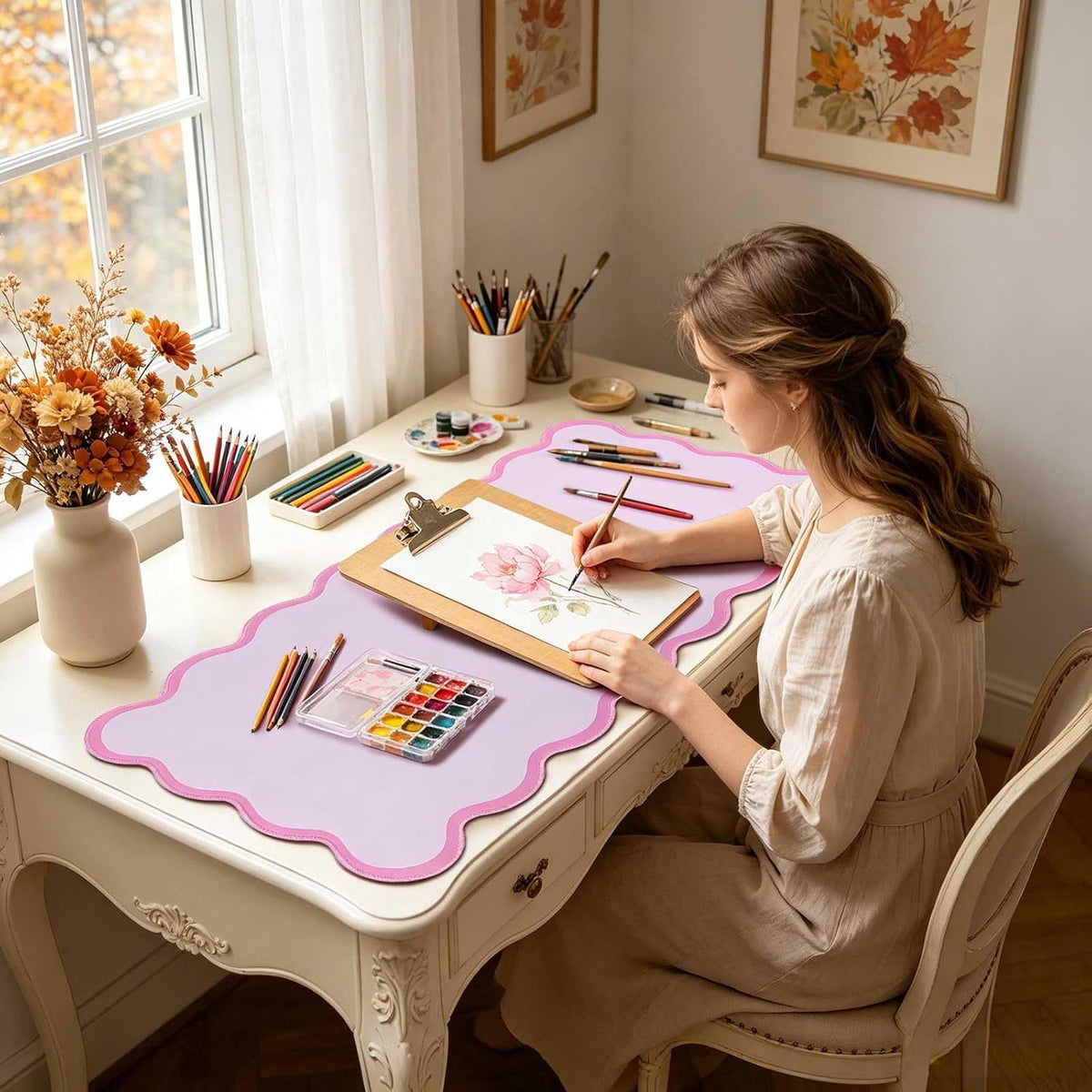 yuboo Scalloped Pink Fall Desk Mat, 31"×15.7" Rubber Desk Pad Gifts
