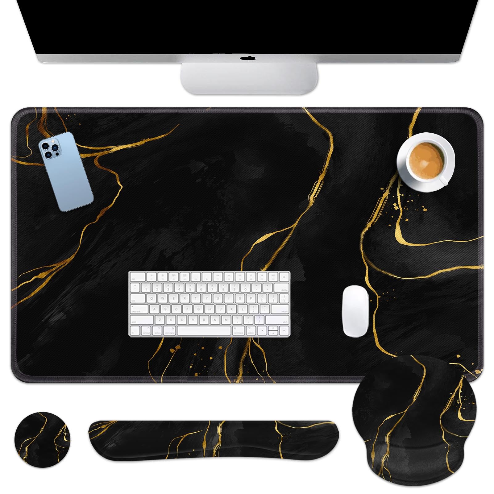 Britimes Keyboard Mouse Pad Set, 4 in 1 Desk Mat Set, Pink Rose Gold