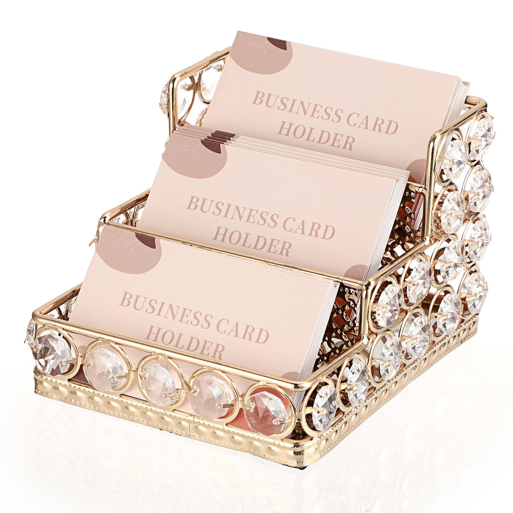 Hipiwe 2 Tiers Crystal Business Card Holder Gold Mirrored Cards Organizer