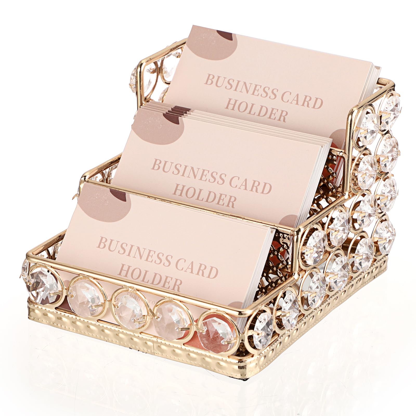 Hipiwe 2 Tiers Crystal Business Card Holder Gold Mirrored Cards Organizer