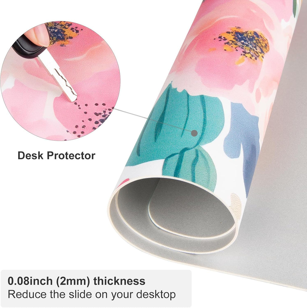 Faux Leather Large Mouse Pad, Office Desk Mat, 31.5"x15.7", Pink Floral