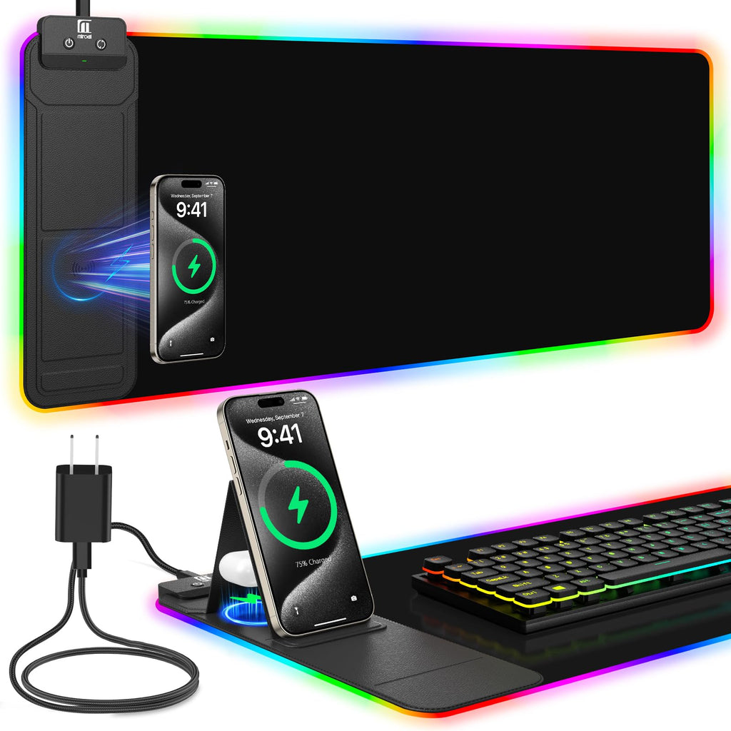 Wireless Charging RGB Mouse Pad with Phone Stand, Large Gaming Desk Mat
