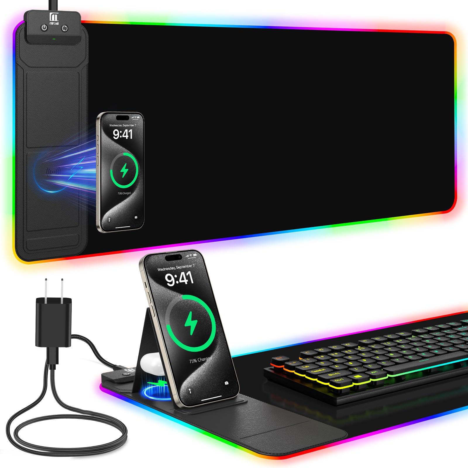 Wireless Charging RGB Mouse Pad with Phone Stand, Large Gaming Desk Mat
