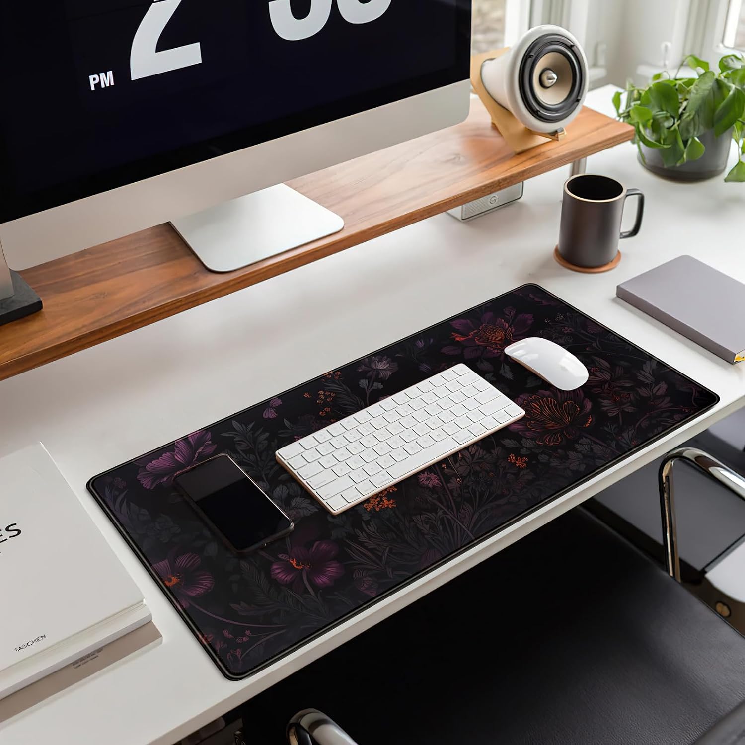 Dark Cottagecore Desk Mat Black Purple Flower XL Mouse Pad Large Gaming Mousepad Extended Vintage Aesthetic Desk Pad Keyboard Mouse Mat 31.5 x 11.8 in for Work Game Office Decor