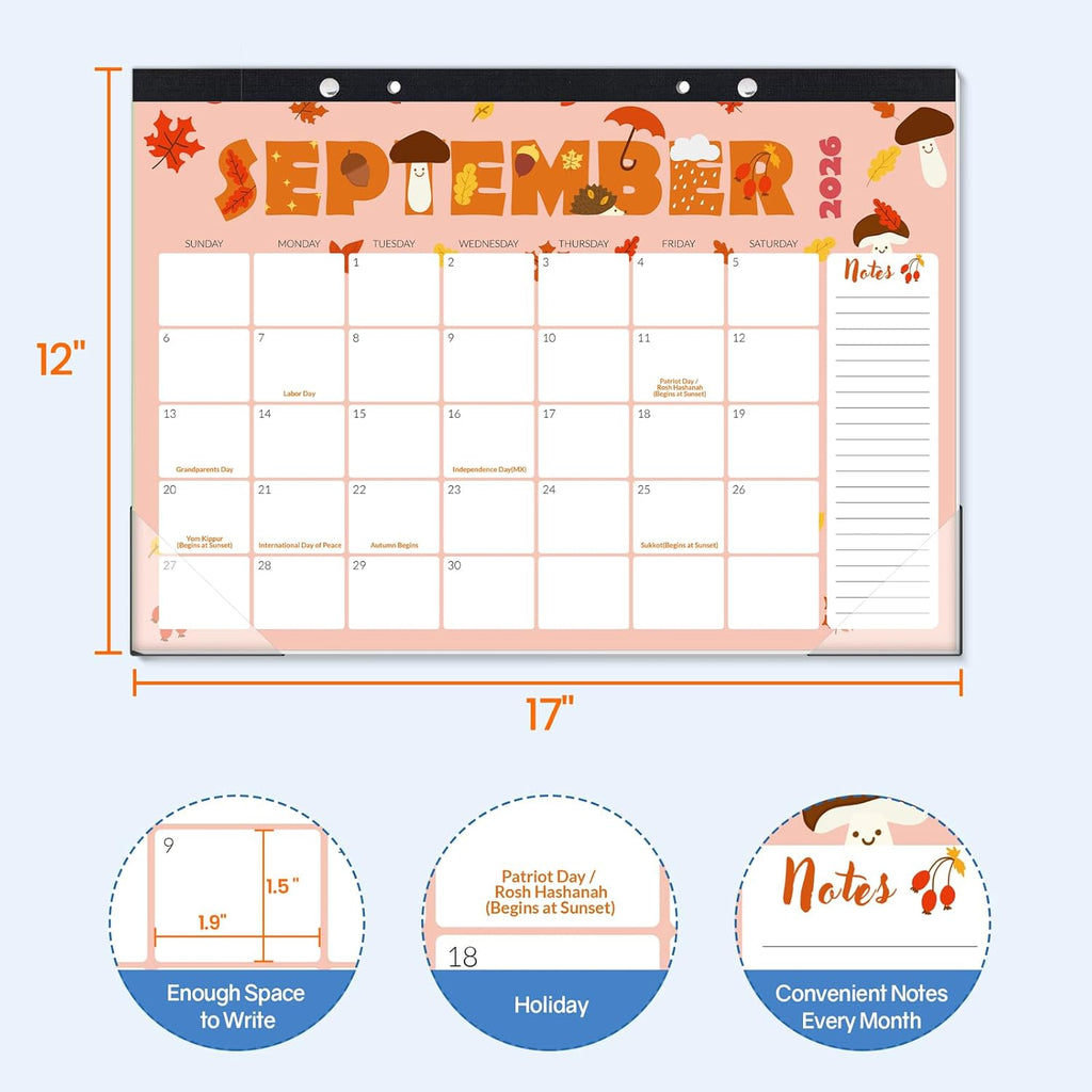 SUNEE Desk Calendar 2026-2027, 17" x 12", 18 Month Calendar Jul. 2026 - Dec. 2027, Calendar 2026-2027 With Notes, for Planning, Organizing in Family, School or Office, Cute