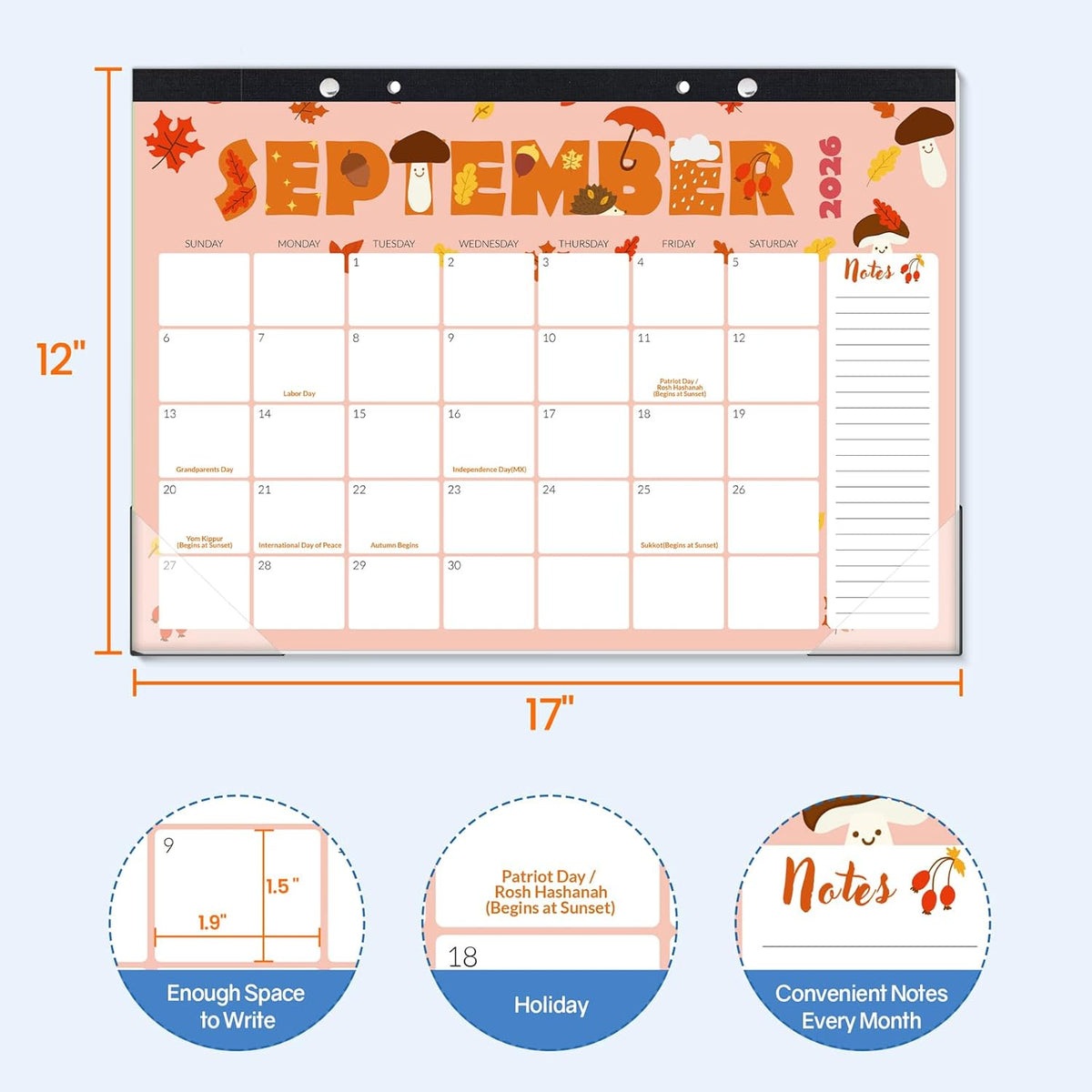 SUNEE Desk Calendar 2026-2027, 17" x 12", 18 Month Calendar Jul. 2026 - Dec. 2027, Calendar 2026-2027 With Notes, for Planning, Organizing in Family, School or Office, Cute