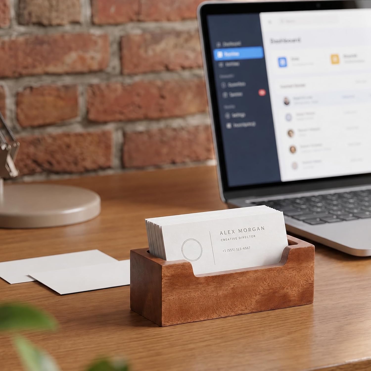 Desktop Business Card Holder, Acacia Wood Name Card Organizer for Desk