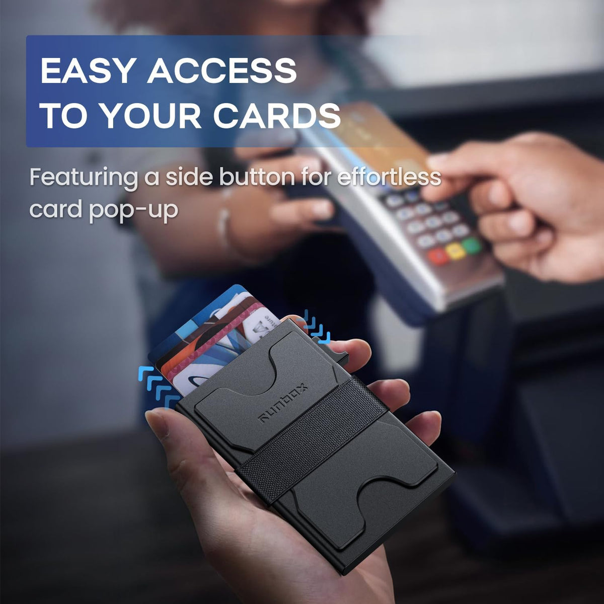RUNBOX Slim Wallet for Men, RFID Aluminum Pop-Up Card Holder for 12 Cards