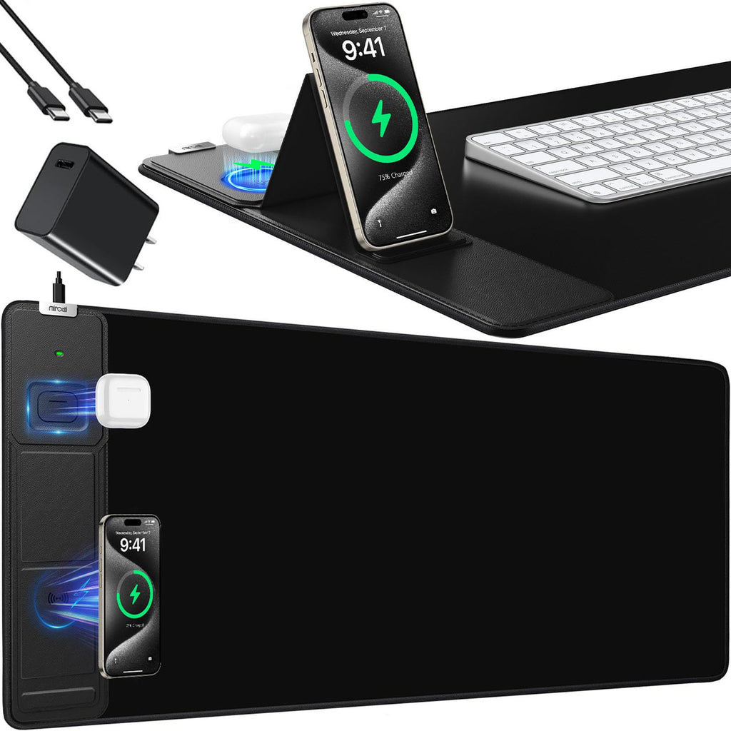 XXL Mouse Pad with Phone Holder - Black, RGB Desk Mat with 15W Fast Charging, LED Gaming Mousepad with 11 Light Colors, Waterproof Non-Slip Pad for Office & Home (Black with PD Adapter)