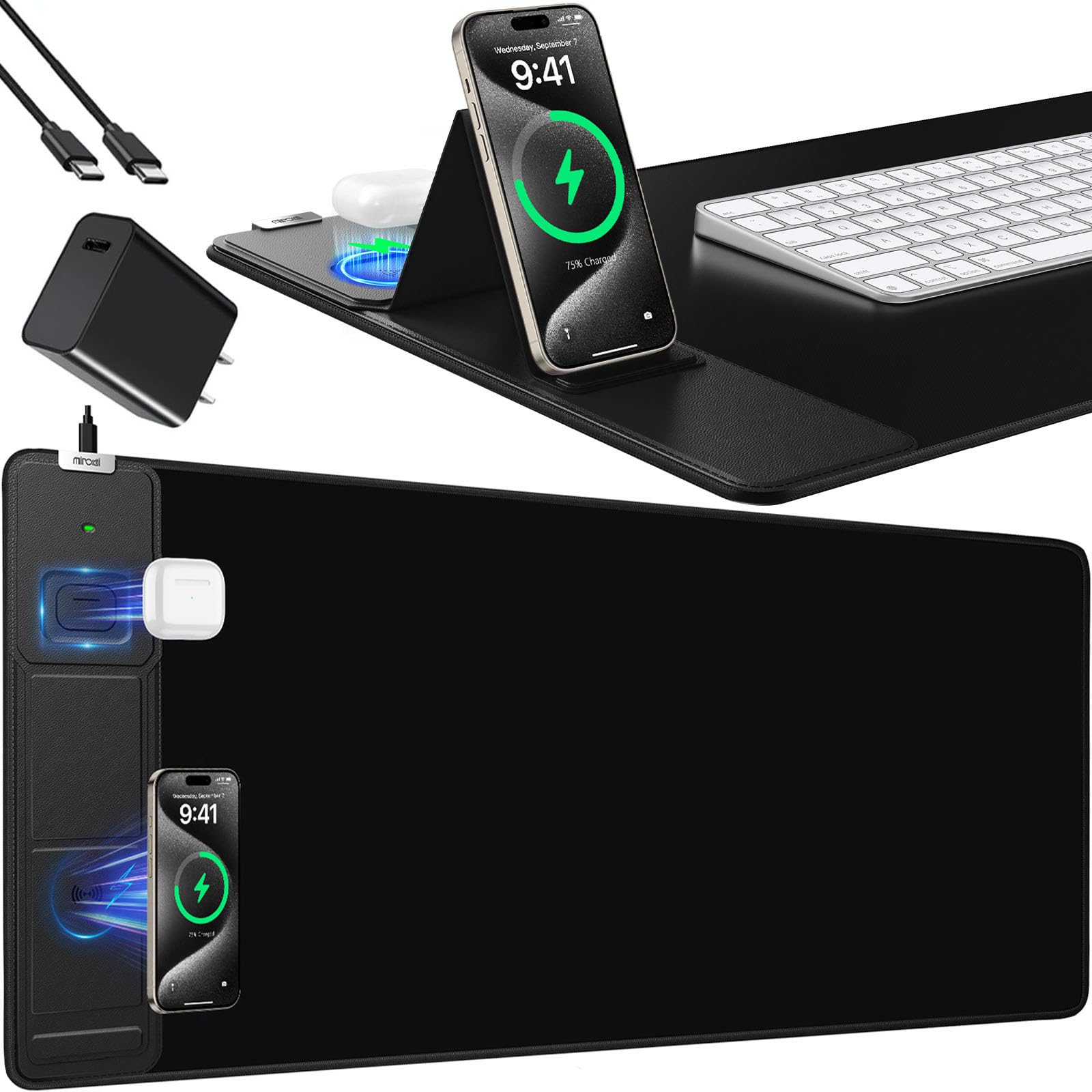 XXL Mouse Pad with Phone Holder - Black, RGB Desk Mat with 15W Fast Charging, LED Gaming Mousepad with 11 Light Colors, Waterproof Non-Slip Pad for Office & Home (Black with PD Adapter)